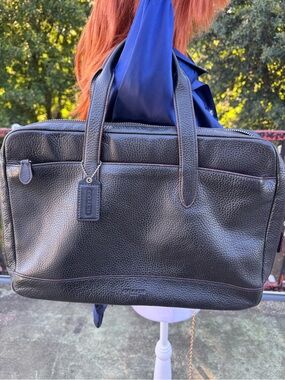 Coach Black Pebbled Leather Briefcase with Burgundy Piping